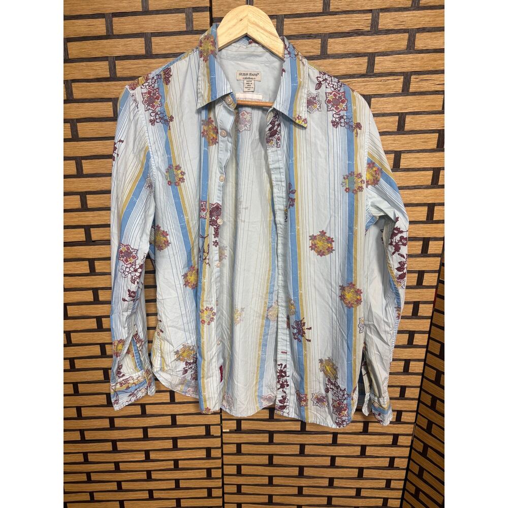 Guess Jeans Blue Floral Stripe Button Down Shirt Size‎ Medium